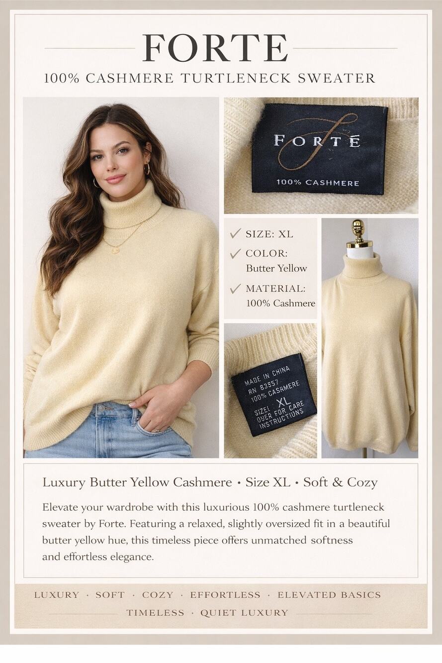 Forte 100% Cashmere Turtleneck Sweater XL Butter Yellow Luxury Soft Knit